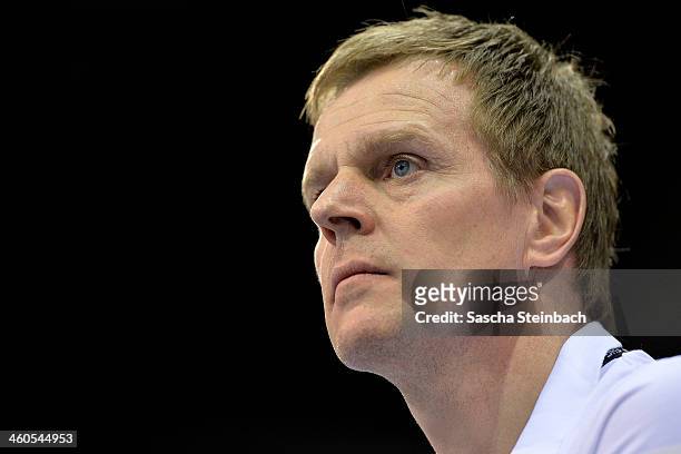 Head coach Martin Heuberger of Germany looks on during the DHB Four Nations Tournament match between Germany and Russia at KoenigPALAST on January 4,...