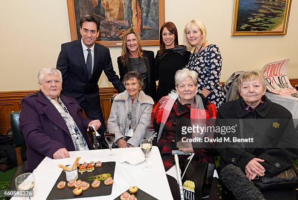 Ed Miliband, Jane Bruton, Editor-in-Chief at Grazia Magazine, Gloria De Piero MP and Unite union leader Jennie Formby pose with real-life Dagenham...