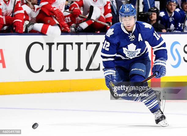 Stephane Robidas of the Toronto Maple Leafs during NHL game action against the Detroit Red Wings on December 13, 2014 at the Air Canada Centre in...