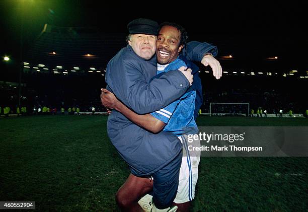 Birmingham City manager Barry Fry celebrates with striker Kevin Francis after a Coca Cola Cup 4th Round replay match between Birmingham City and...