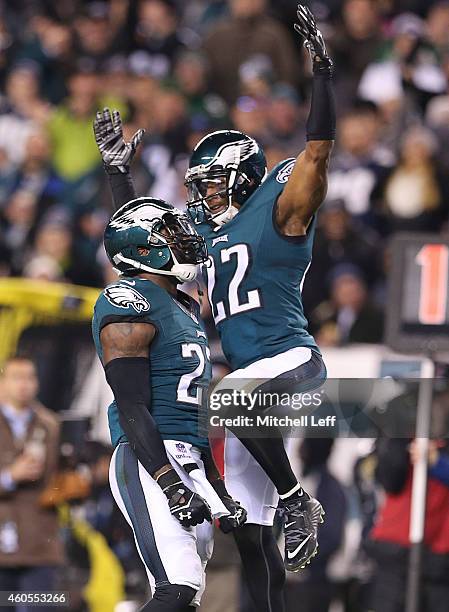 Malcolm Jenkins and Brandon Boykin of the Philadelphia Eagles react after Jenkins made tackle against the Dallas Cowboys at Lincoln Financial Field...