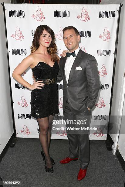 Amy Connolly and Daniel Reichard backstage before 'Daniel Reichard's Decked Out Holiday Party' at Birdland on December 15, 2014 in New York City.
