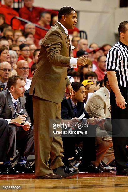 Head Coach Sean Woods of the Morehead State Eagles calls out instructions to his players during the game against the Ohio State Buckeyes at Value...