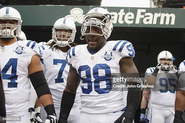 Robert Mathis of the Indianapolis Colts takes the field for the game against the Cincinnati Bengals at Paul Brown Stadium on December 8, 2013 in...
