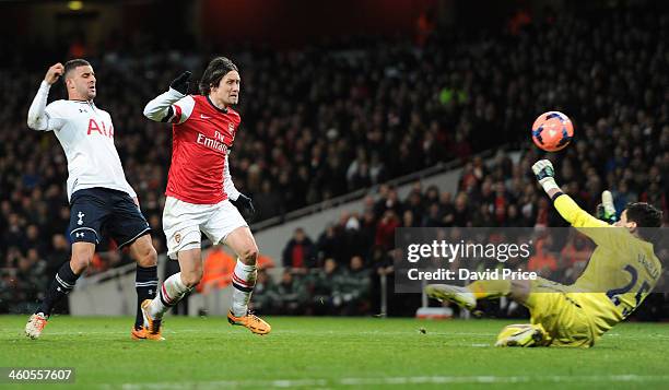 Tomas Rosicky scores Arsenal's 2nd goal past Hugo Lloris of Tottenham during the FA Cup 3rd Round match between Arsenal and Tottenham Hotspur at...