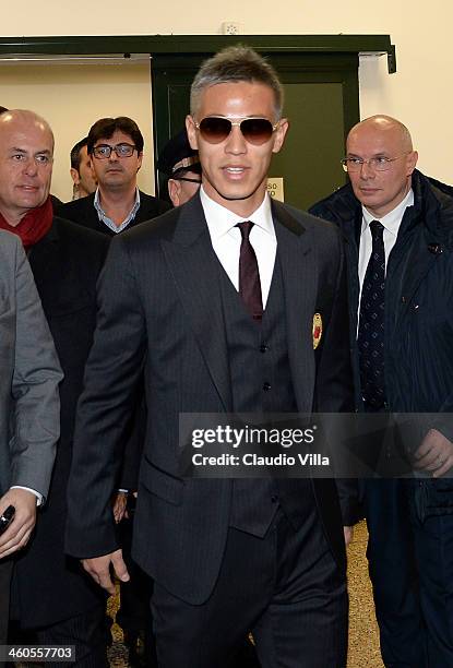 Milan's new signing Keisuke Honda is seen upon arrival at Milano Malpensa Airport on January 4, 2014 in Milan, Italy.