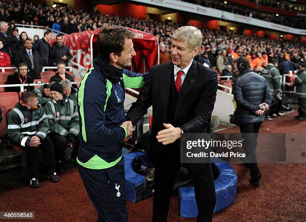 Arsene Wenger the Arsenal Manager shakes hands with Tim Sherwood the Tottenham Manager before the FA Cup 3rd Round match between Arsenal and...