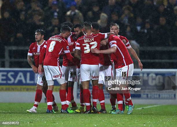 Kane Hemmings of Barnsley celebrates his goal with team mates during the FA Cup Second Round Replay match between Chester City and Barnsley at Deva...