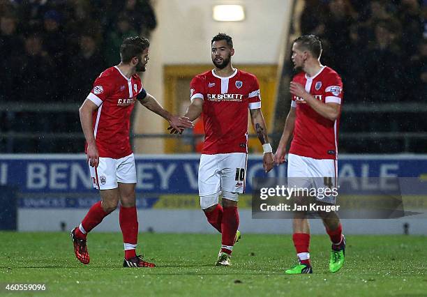 Kane Hemmings of Barnsley celebrates his goal with team mates during the FA Cup Second Round Replay match between Chester City and Barnsley at Deva...