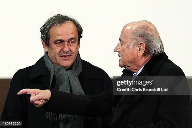 President Michel Platini and FIFA President Joseph Blatter look on ahead of the FIFA Club World Cup Semi Final match between Cruz Azul and Real...