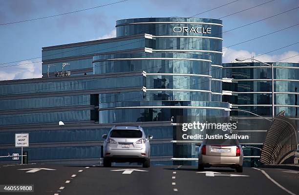 The Oracle logo is displayed on the exterior of the Oracle headquarters on December 16, 2014 in Redwood City, California. Oracle will report second...