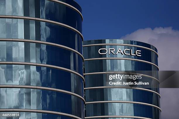 The Oracle logo is displayed on the exterior of the Oracle headquarters on December 16, 2014 in Redwood City, California. Oracle will report second...