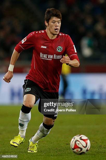 Hiroki Sakai of Hannover acontrols the ball during the Bundesliga match between Hannover 96 and FC Augsburg at HDI-Arena on December 16, 2014 in...