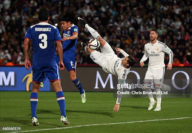 Cristiano Ronaldo of Real Madrid attempts an overhead kick during the FIFA Club World Cup Semi Final match between Cruz Azul and Real Madrid CF at...