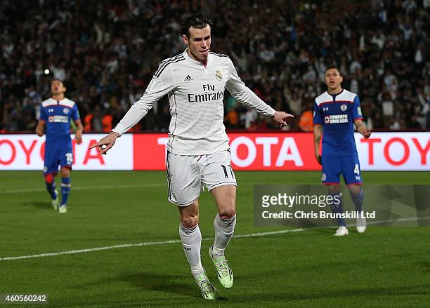Gareth Bale of Real Madrid celebrates scoring his side's third goal during the FIFA Club World Cup Semi Final match between Cruz Azul and Real Madrid...