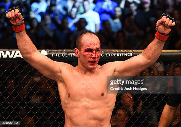 Junior dos Santos of Brazil celebrates after defeating Stipe Miocic by unanimous decision after their heavyweight fight during the UFC Fight Night...