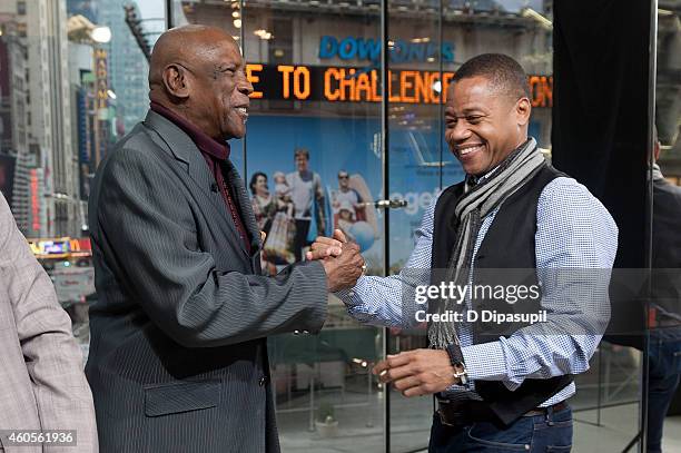 Louis Gossett Jr and Cuba Gooding Jr visit 'Extra' at their New York studios at H&M in Times Square on December 16, 2014 in New York City.