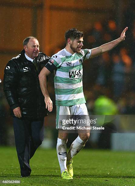 Gary Johnson the manager of Yeovil alongside captain Joseph Edwards after their sides 2-0 victory during the FA Cup Second Round Replay match between...