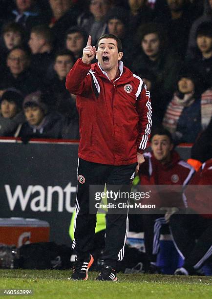 Nigel Clough, manager of Sheffield United gives instructions during the Capital One Cup Quarter-Final match between Sheffield United and Southampton...