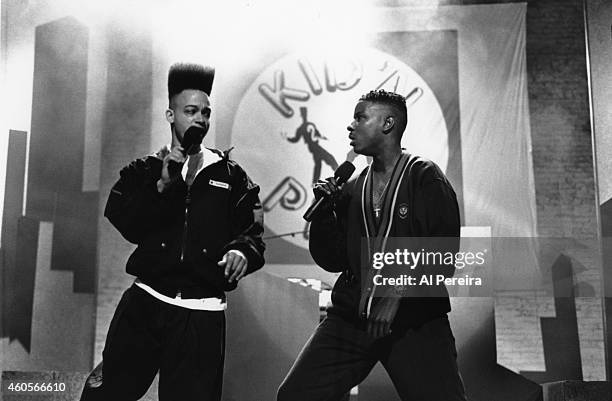 Rapper Christopher "Kid" Reid and Christopher "Play" Martin of the hip-hop group "Kid 'n Play" perform onstage in circa 1990 in New York, New York.