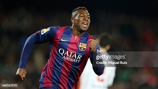 Adama of FC Barcelona celebrates as he scored the seventh goal during the Copa del Rey 1/16 2nd leg match between FC Barcelona and SD Huesca at Camp...