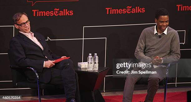 Columnist David Carr and actor/director Chris Rock attend a conversation at TheTimesCenter on December 16, 2014 in New York City.