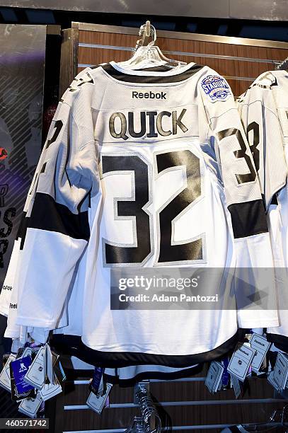 The NHL Stadium Series jersey of goaltender Jonathan Quick of the Los Angeles Kings hangs on display for sale to the public during the LA Kings/NHL...