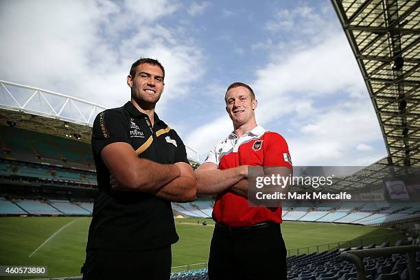 Tim Grant of South Sydney Rabbitohs and Ben Creagh of St George Illawarra Dragons pose during the 2015 Charity Shield Launch at ANZ Stadium on...