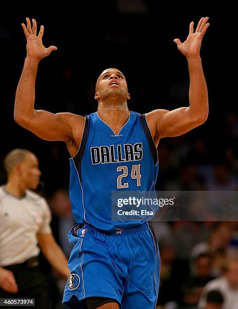 Richard Jefferson of the Dallas Mavericks celebrates in the second half against the New York Knicks at Madison Square Garden on December 16, 2014 in...