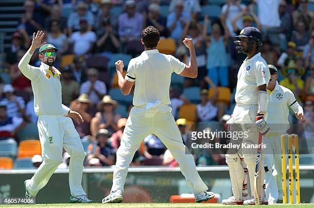 Josh Hazlewood of Australia celebrates taking the wicket of Cheteshwar Pujara of India during day one of the 2nd Test match between Australia and...