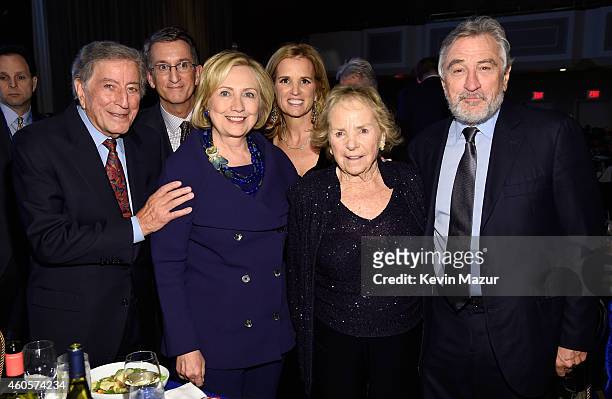 Tony Bennett, Donato Tramuto, Hillary Rodham Clinton, Kerry Kennedy, Ethel Kennedy, and Robert De Niro attend the RFK Ripple Of Hope Gala at Hilton...