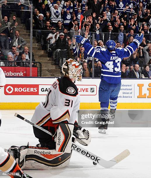 Nazem Kadri of the Toronto Maple Leafs celebrates a third period goal as Frederik Andersen of the Anaheim Ducks looks on during NHL game action...