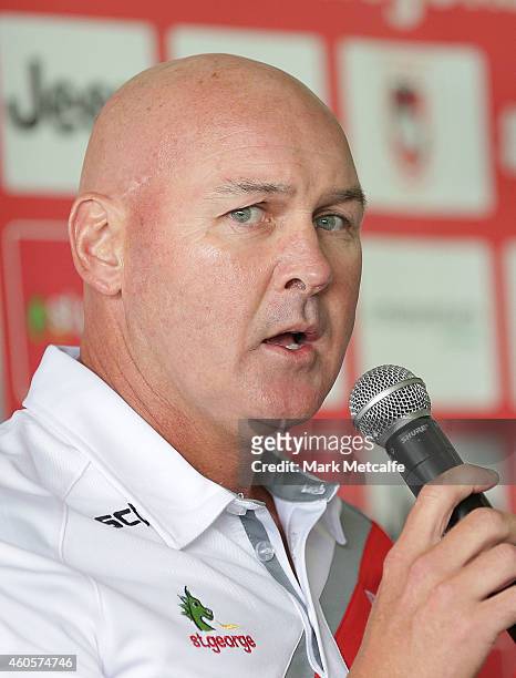 St George Illawarra Dragons coach Paul McGregor speaks to the media during the 2015 Charity Shield Launch at ANZ Stadium on December 17, 2014 in...