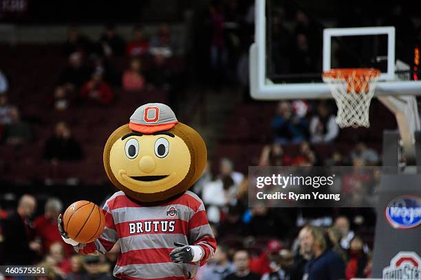 Ohio State Mascot Brutus the Buckeye goofs around with a basketball prior to the start of the game against the Nebraska Cornhuskers on January 4,...