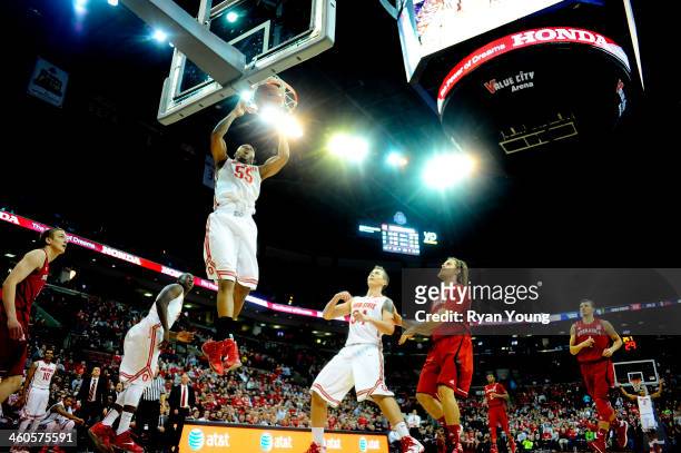 Trey McDonald of the Ohio State Buckeyes goes up for a slam dunk during the game against the Nebraska Cornhuskers on January 4, 20114 at Value City...