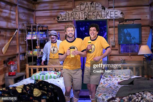 Episode 0181 -- Pictured: A.D. Miles, Justin Timberlake and host Jimmy Fallon during the "Camp Winnipesaukee" skit on December 16, 2014 --