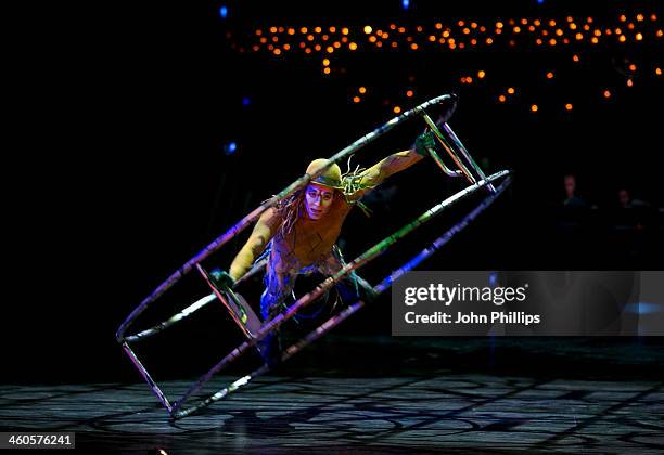 Cirque du Soleil acrobats perform during the dress rehearsal of Cirque du Soleil's 'Quidam' at Royal Albert Hall on January 4, 2014 in London,...