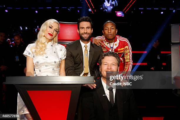 Live Show" Episode 718B -- Pictured: Gwen Stefani, Adam Levine, Pharrell Williams, Blake Shelton --