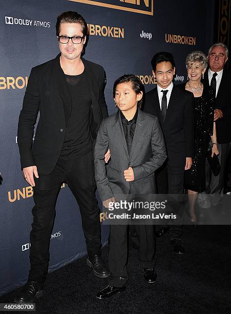 Actor Brad Pitt , Pax Thien Jolie-Pitt, Maddox Jolie-Pitt, Jane Pitt, and William Pitt attend the premiere of "Unbroken" at TCL Chinese Theatre IMAX...