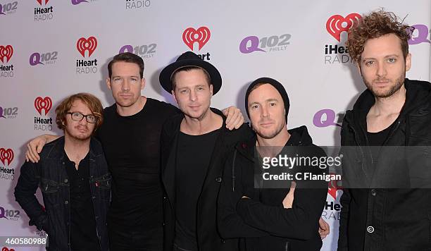 Drew Brown, Zach Filkins, Ryan Tedder, Eddie Fisher and Brent Kutzle of OneRepublic attend Q102's Jingle Ball on December 10, 2014 in Philadelphia,...