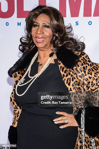 Singer Aretha Franklin enters the "Selma" New York Premiere at the Ziegfeld Theater on December 14, 2014 in New York City.