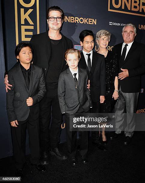 Actor Brad Pitt , Pax Thien Jolie-Pitt, Shiloh Nouvel Jolie-Pitt, Maddox Jolie-Pitt, Jane Pitt, and William Pitt attend the premiere of "Unbroken" at...