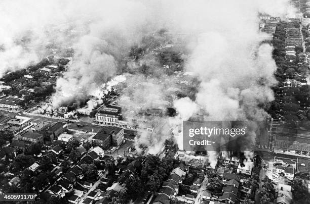 Aerial view of burning buildings in Detroit on July 25, 1967 during riots that erupted in Detroit following a police operation.