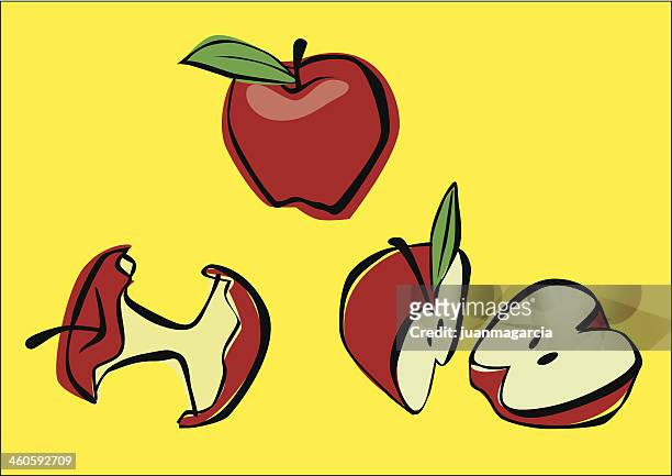 illustrations, cliparts, dessins animés et icônes de pomme.  ensemble, diminué de moitié et en-cas - pomme croquée