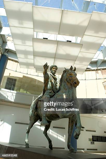 An equestrian statue of Marcus Aurelius stands on display in Capitoline Museums on August 19 in Rome, Italy. Rome, the capital of Italy, was...