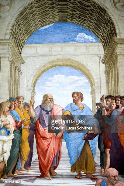 In the center of the fresco The School of Athens, by Raphael, Plato and Aristotle discuss, in the Vatican Museums on August 4 in Rome, Italy. Vatican...