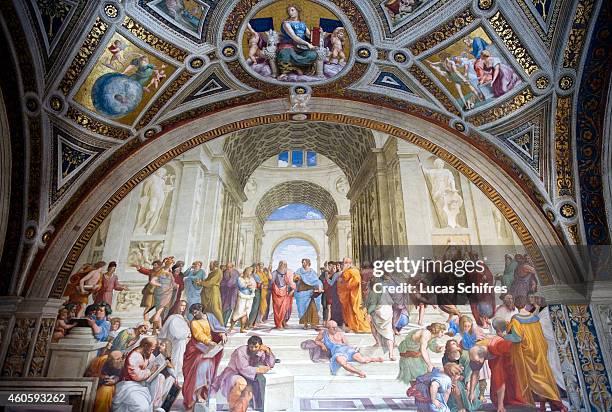 The fresco The School of Athens, by Raphael, on display in the Vatican Museums on August 4 in Rome, Italy. Vatican City, a walled enclave within the...