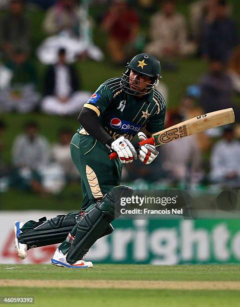 Nasir Jamshed of Pakistan bats during the 4th One Day International match between Pakistan and New Zealand at Sheikh Zayed Stadium on December 17,...