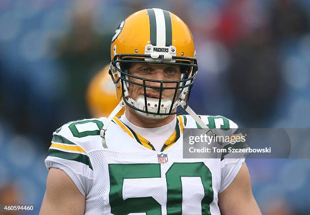 Hawk of the Green Bay Packers warms up before the start of NFL game action against the Buffalo Bills at Ralph Wilson Stadium on December 14, 2014 in...