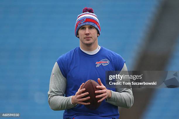 Jeff Tuel of the Buffalo Bills warms up before the start of NFL game action against the Green Bay Packers at Ralph Wilson Stadium on December 14,...